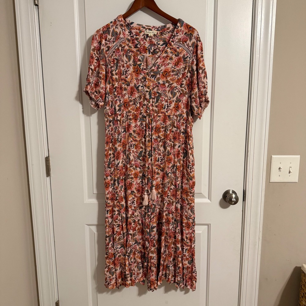 Indigo Rose Floral Button Front Midi Dress Pink Orange Boho Rayon Pockets 2X